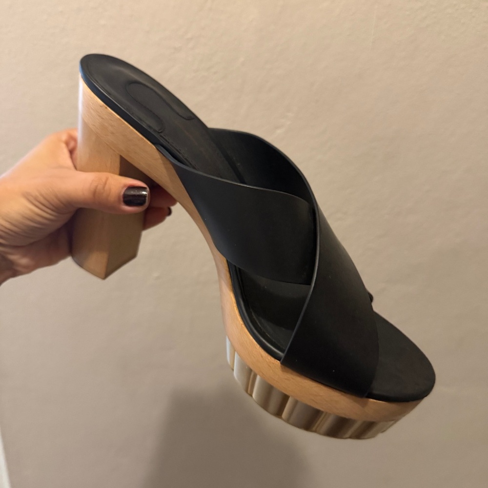 Salvatore Ferragamo - Black Leather Platform Mules with Wooden Heel